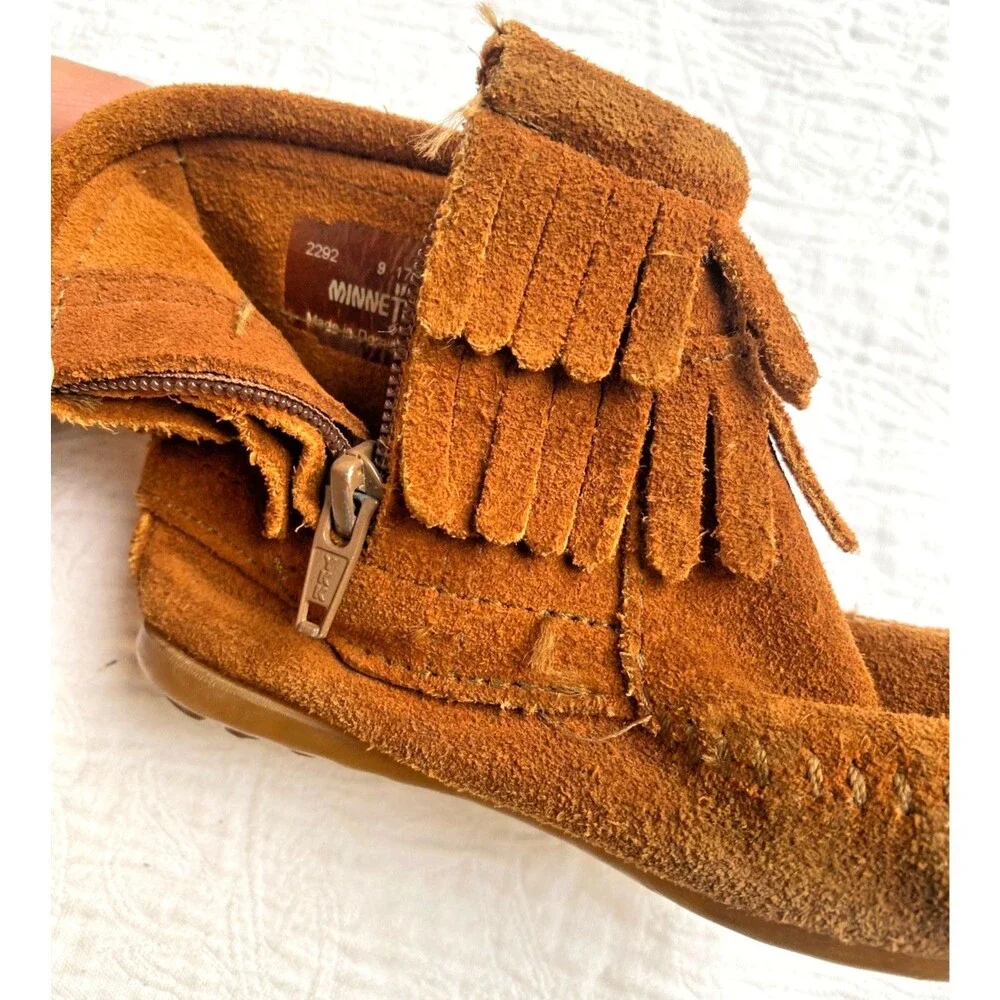 Minnetonka Girl's Brown Suede Leather Fringe Ankle Boots Moccasin Zipper -Sz 9T